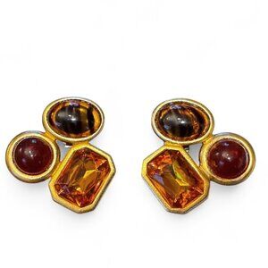 1980s Citrine Amber Rhinestones Clipon Earrings - 1 1/2" x 1 1/4"